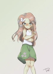 Size: 572x800 | Tagged: safe, artist:trilithon, fluttershy, human, equestria girls, g4, blushing, clothes, female, skirt, solo