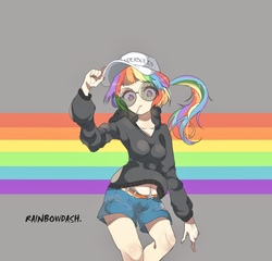 Size: 865x832 | Tagged: safe, artist:trilithon, rainbow dash, human, g4, belly button, clothes, female, glasses, hoodie, human coloration, humanized, midriff, solo