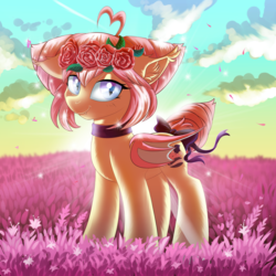 Size: 2500x2500 | Tagged: safe, artist:ask-colorsound, oc, oc only, oc:sunset sorbet, bat pony, pony, bat pony oc, bow, choker, cloud, commission, ear fluff, fangs, female, floral head wreath, flower, flower in hair, high res, sky, smiling, solo, wingding eyes, ych result