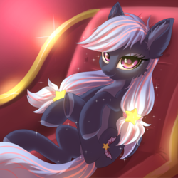 Size: 3500x3500 | Tagged: safe, artist:ask-colorsound, oc, oc only, oc:starway, bat pony, pony, bat pony oc, commission, couch, cute, ear fluff, fainting couch, female, high res, looking at you, mare, smiling, solo, stars, wingding eyes