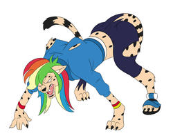 Size: 1000x800 | Tagged: safe, artist:tfsubmissions, rainbow dash, cheetah, equestria girls, g4, claws, clothes, feral, ripping clothes, simple background, solo, transformation, white background