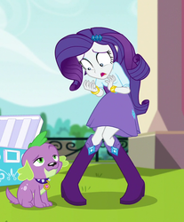 Size: 519x626 | Tagged: safe, screencap, rarity, spike, spike the regular dog, dog, equestria girls, equestria girls specials, g4, my little pony equestria girls: dance magic, boots, bracelet, clothes, cropped, cute, female, jewelry, male, paws, shocked, shocked expression, shoes, skirt