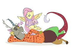 Size: 1280x837 | Tagged: safe, artist:gidankuroki, discord, fluttershy, draconequus, pegasus, pony, g4, bottomless, clothes, cute, discute, female, heart, if lost return to shirt, looking at each other, male, one eye closed, pose, ship:discoshy, shipping, shyabetes, simple background, straight, sweater, sweatershy, white background, wink