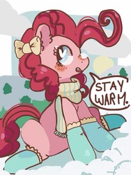 Size: 768x1024 | Tagged: safe, artist:supernoncutie, pinkie pie, earth pony, pony, g4, blushing, bow, clothes, dialogue, female, hair bow, heart eyes, mare, open mouth, scarf, snow, socks, solo, speech bubble, wingding eyes, winter