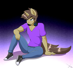 Size: 3200x3000 | Tagged: safe, artist:ramoncrimson935, oc, oc only, anthro, plantigrade anthro, anthro oc, clothes, converse, handsome, headphones, high res, pants, shoes, sitting, smiling, solo