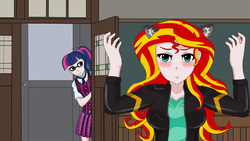 Size: 1920x1080 | Tagged: safe, artist:anonix123, sci-twi, sunset shimmer, twilight sparkle, equestria girls, g4, blushing, cat ears, clothes, crystal prep academy uniform, glasses, human coloration, k-on, peeking, school uniform