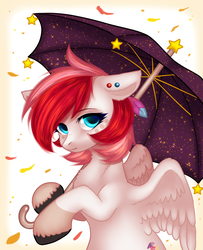 Size: 1402x1728 | Tagged: safe, artist:avrameow, oc, oc only, oc:rouge swirl, pegasus, pony, commission, digital art, ear piercing, female, looking at you, mare, piercing, red hair, red mane, red tail, solo, umbrella, ych result