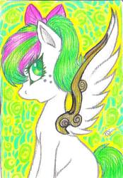 Size: 668x960 | Tagged: safe, artist:pandaconchoclo, oc, oc only, oc:broken candy, pegasus, pony, cute, green eyes, pink bow, solo, wings