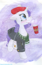 Size: 782x1200 | Tagged: safe, artist:foxxy-arts, rarity, pony, unicorn, g4, blushing, clothes, coffee, female, hat, holiday, mare, painted, purse, scarf, snow, snowfall, solo