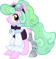 Size: 2755x2915 | Tagged: safe, artist:sakuyamon, oc, oc only, oc:taffy fizzlespark, earth pony, pony, amputee, automail, clothes, female, goggles, high res, mare, prosthetic leg, prosthetic limb, prosthetics, simple background, solo, steampunk, white background