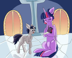 Size: 1024x820 | Tagged: safe, artist:pugasart, twilight sparkle, oc, oc:silver mane, oc:twinkle star, alicorn, pony, unicorn, g4, baby, baby pony, blank flank, colt, eyes closed, female, filly, hair bun, male, missing cutie mark, mother and child, offspring, parent:king sombra, parent:twilight sparkle, parents:twibra, twilight sparkle (alicorn)