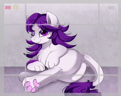 Size: 2516x1989 | Tagged: safe, artist:pridark, oc, oc only, oc:mira, sphinx, butt, camera shot, commission, eyeshadow, female, leonine tail, looking at you, looking back, makeup, one eye closed, paw pads, paws, plot, purple eyes, smiling, solo, sphinx oc, underpaw, wink