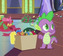 Size: 254x228 | Tagged: safe, screencap, spike, dragon, g4, my little pony best gift ever, box, cropped, male, solo, tail, winged spike, wings