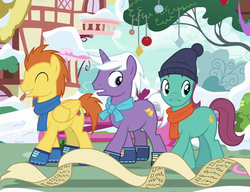 Size: 765x588 | Tagged: safe, screencap, autumn leaf, melon arcade, silver script, earth pony, pegasus, pony, unicorn, best gift ever, g4, background pony, boots, checklist, clothes, cropped, cutie mark, hat, male, ornament, scarf, shoes, smiling, snow, stallion, trio, trio male, winter outfit, wrong cutie mark