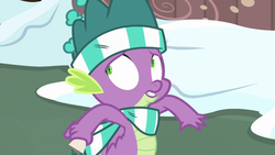 Size: 1280x720 | Tagged: safe, screencap, spike, dragon, g4, my little pony best gift ever, clothes, hat, male, scarf, solo, striped scarf, winged spike, wings, winter outfit