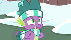 Size: 1280x720 | Tagged: safe, screencap, spike, dragon, g4, my little pony best gift ever, arm behind back, clothes, hat, male, scarf, solo, striped scarf, tail, winged spike, wings, winter outfit