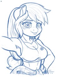 Size: 2550x3300 | Tagged: safe, artist:latecustomer, applejack, earth pony, anthro, g4, armpits, athletic, belly button, breasts, cleavage, clothes, cute, ear fluff, female, freckles, heart eyes, high res, jackabetes, looking at you, mare, midriff, monochrome, ponytail, smiling, solo, strong, tank top, wingding eyes