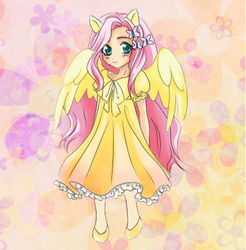 Size: 459x467 | Tagged: safe, artist:hana7, fluttershy, butterfly, human, g4, blushing, clothes, cute, dress, eared humanization, female, humanized, shoes, shyabetes, smiling, solo, winged humanization, wings