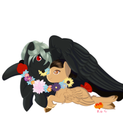 Size: 1024x1024 | Tagged: source needed, safe, artist:demonwolfspirit, oc, oc only, oc:daphnes, oc:laurel, eye, eyes, flower, gem, lying down, oc x oc, red bow, relaxed, shipping, simple background, transparent background, wings