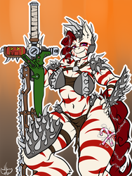 Size: 600x800 | Tagged: safe, artist:mantamasters-art, oc, oc only, oc:rampage, zebra, anthro, fallout equestria, fallout equestria: project horizons, amazonian, anthro oc, armor, barbed wire, belly button, breasts, fanfic art, female, gradient background, great ripper (weapon), outline, ripper (weapon), solo, unconvincing armor, weapon, ych result