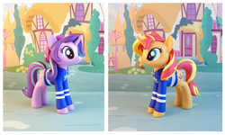 Size: 1200x718 | Tagged: safe, artist:krowzivitch, starlight glimmer, sunset shimmer, pony, unicorn, g4, clothes, craft, diorama, duo, female, figurine, hockey, ice hockey, irl, mare, nhl, photo, sculpture, shirt, solo, sports, standing, toronto maple leafs, traditional art