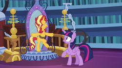 Size: 1920x1080 | Tagged: safe, screencap, sunset shimmer, twilight sparkle, alicorn, pony, equestria girls, equestria girls series, forgotten friendship, bipedal, faic, in the human world for too long, twilight sparkle (alicorn), twilight's castle