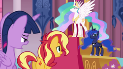 Size: 1920x1080 | Tagged: safe, screencap, princess celestia, princess luna, sunset shimmer, twilight sparkle, alicorn, pony, unicorn, equestria girls, equestria girls series, forgotten friendship, g4, angry, apologetic, apology, begging, butt, dialogue, glare, hoof shoes, intimidating, plot, remorse, reunion, scared, the prodigal sunset, throne, twilight sparkle (alicorn), twilight sparkle is not amused, unamused