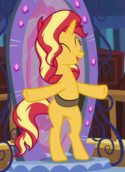 Size: 499x685 | Tagged: safe, screencap, sunset shimmer, pony, unicorn, equestria girls, equestria girls series, forgotten friendship, g4, arms spread out, bipedal, cropped, cute, eyes closed, female, happy, in the human world for too long, magic mirror, mare, shimmerbetes, solo