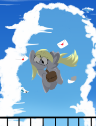 Size: 916x1200 | Tagged: safe, artist:xmelodyskyx, derpy hooves, pegasus, pony, g4, chibi, female, flying, letter, mare, saddle bag, solo