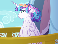 Size: 1600x1200 | Tagged: safe, artist:purplegrim40, princess flurry heart, alicorn, pony, g4, balcony, eyeshadow, female, floppy ears, frown, makeup, mare, older, older flurry heart, outdoors, solo, story included