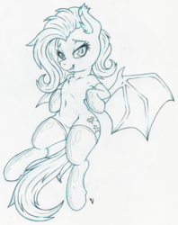 Size: 1582x2000 | Tagged: safe, artist:dfectivedvice, fluttershy, bat pony, pony, semi-anthro, g4, bat ponified, belly button, bipedal, clothes, female, flutterbat, looking at you, monochrome, race swap, simple background, slit pupils, solo, spread wings, stockings, thigh highs, traditional art, white background, wings