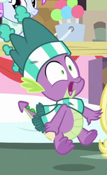 Size: 306x501 | Tagged: safe, screencap, spike, dragon, g4, my little pony best gift ever, clothes, cropped, hat, male, scarf, solo focus, striped scarf, winged spike, wings, winter outfit