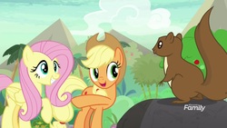 Size: 1920x1080 | Tagged: safe, screencap, applejack, fluttershy, pony, squirrel, g4, sounds of silence, bamboo