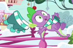 Size: 570x375 | Tagged: safe, screencap, spike, dragon, g4, my little pony best gift ever, clothes, cropped, hat, male, scarf, solo, striped scarf, winged spike, wings, winter outfit