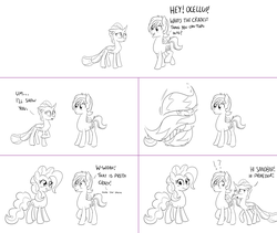 Size: 2564x2168 | Tagged: safe, artist:sintakhra, ocellus, pinkie pie, sandbar, pony, tumblr:studentsix, g4, ask, disguise, disguised changeling, exclamation point, high res, interrobang, monochrome, pinkie being pinkie, question mark, rock, shapeshifting, tumblr, wat
