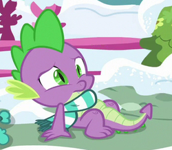 Size: 349x305 | Tagged: safe, screencap, spike, dragon, g4, my little pony best gift ever, claws, clothes, cropped, male, scarf, solo, striped scarf, tail, winged spike, wings, winter outfit