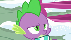 Size: 1280x720 | Tagged: safe, screencap, spike, dragon, g4, my little pony best gift ever, annoyed, clothes, male, scarf, solo, striped scarf, winged spike, wings, winter outfit