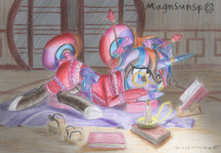 Size: 2855x1978 | Tagged: safe, artist:magnifsunspiration, oc, oc only, oc:orchidea berries-miyake, pony, unicorn, book, candle, clothes, female, glasses, high res, kimono (clothing), mare, solo, traditional art