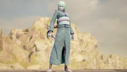 Size: 1200x675 | Tagged: safe, artist:alphamonouryuuken, mistmane, human, g4, 3d, clothes, female, humanized, kunai, pony coloring, pose, robe, solo, soul calibur, soul calibur vi, video game, weapon