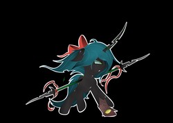 Size: 3541x2508 | Tagged: safe, artist:groomlake, queen chrysalis, changeling, changeling queen, pony, g4, black background, bow, colored, female, fight, game, high res, mare, onimusha, ribbon, simple background, solo, weapon