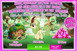 Size: 1151x762 | Tagged: safe, gameloft, spring glow, kirin, g4, sounds of silence, advertisement, background kirin, costs real money, cropped, introduction card, sale