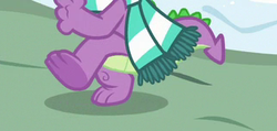 Size: 320x152 | Tagged: safe, screencap, spike, dragon, g4, my little pony best gift ever, clothes, cropped, feet, legs, pictures of legs, scarf, solo, winged spike, wings