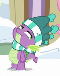 Size: 362x460 | Tagged: safe, screencap, spike, dragon, g4, my little pony best gift ever, clothes, cropped, hat, male, scarf, solo, striped scarf, winged spike, wings, winter outfit