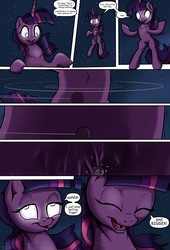 Size: 1920x2816 | Tagged: safe, artist:shieltar, part of a set, twilight sparkle, pony, unicorn, comic:giant twilight, g4, comic, cute, dialogue, female, giant pony, giantess, glowing eyes, growth, macro, mare, part of a series, planet, pony bigger than a planet, pony bigger than a star, signature, solo, space, transformation, twiabetes, unicorn twilight