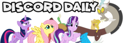 Size: 1000x350 | Tagged: artist needed, source needed, useless source url, safe, discord, fluttershy, starlight glimmer, twilight sparkle, alicorn, pony, equestria daily, g4, banner, discord day, twilight sparkle (alicorn)