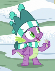 Size: 376x490 | Tagged: safe, screencap, spike, dragon, g4, my little pony best gift ever, clothes, cropped, hat, male, scarf, smiling, solo, striped scarf, winged spike, wings, winter outfit