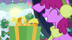 Size: 1280x720 | Tagged: safe, screencap, berry punch, berryshine, earth pony, pony, best gift ever, g4, ^^, background pony, berrybetes, clothes, cute, earmuffs, eyes closed, female, grin, mare, present, scarf, smiling, solo, winter outfit