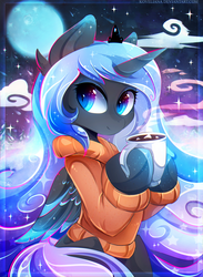 Size: 2200x3000 | Tagged: safe, artist:koveliana, princess luna, alicorn, pony, g4, chocolate, chromatic aberration, clothes, cute, female, food, high res, holding, hoof hold, hot chocolate, looking at you, lunabetes, mare, moon, mug, signature, solo, sparkles, sweater