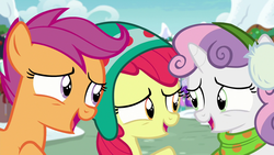 Size: 1280x720 | Tagged: safe, screencap, apple bloom, scootaloo, sweetie belle, pony, unicorn, g4, my little pony best gift ever, adorabloom, clothes, cute, cutealoo, cutie mark crusaders, diasweetes, female, filly, foal, hat, scarf, trio, winter outfit