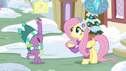 Size: 1280x720 | Tagged: safe, screencap, fluttershy, spike, dragon, pegasus, pony, g4, my little pony best gift ever, clothes, earmuffs, female, fluttershy's purple sweater, hat, male, mare, scarf, striped scarf, sweater, sweatershy, winged spike, wings, winter outfit